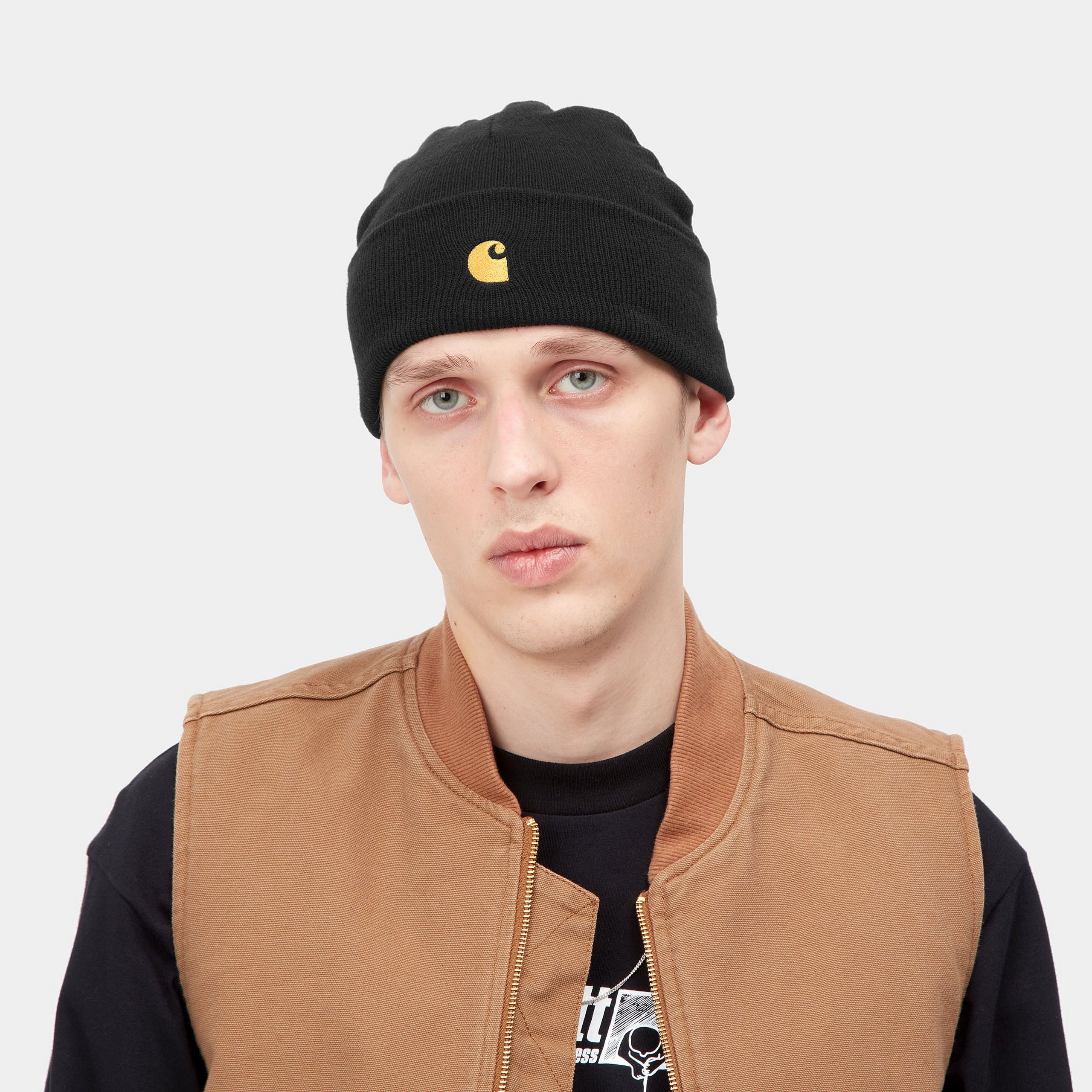 Carhartt WIP Chase Beanie (Black/Gold) - Image 4