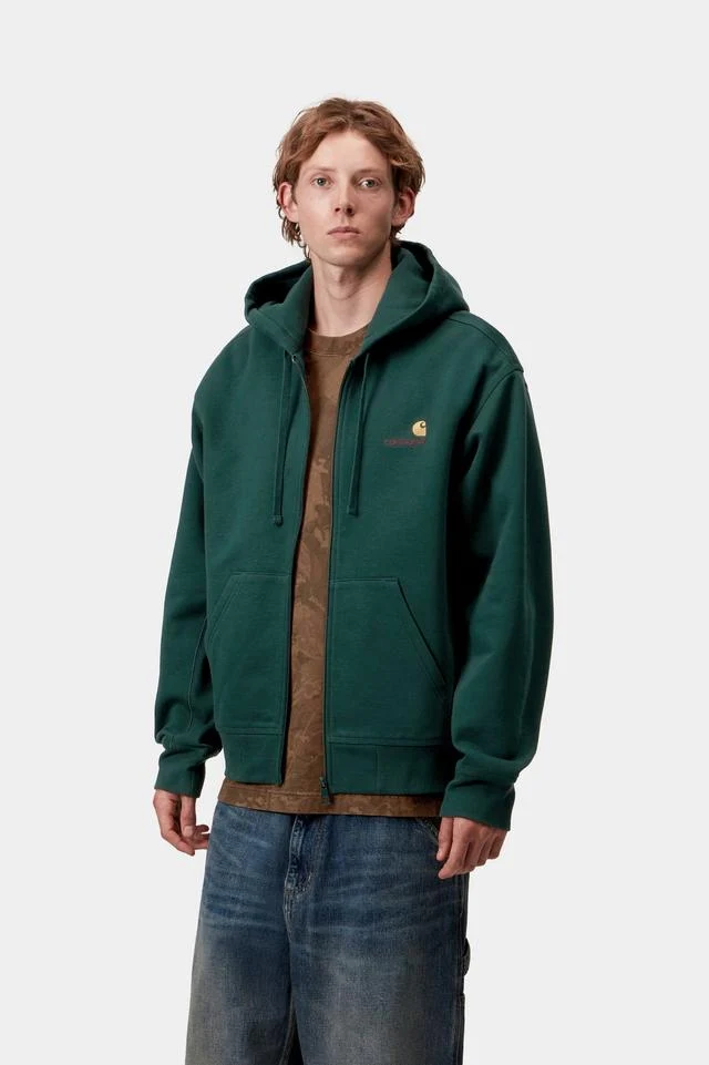 Carhartt WIP Hooded American Script Jacket Cotton/Polyester Sweat, 420 g/m² (Dark Fir) - Image 3