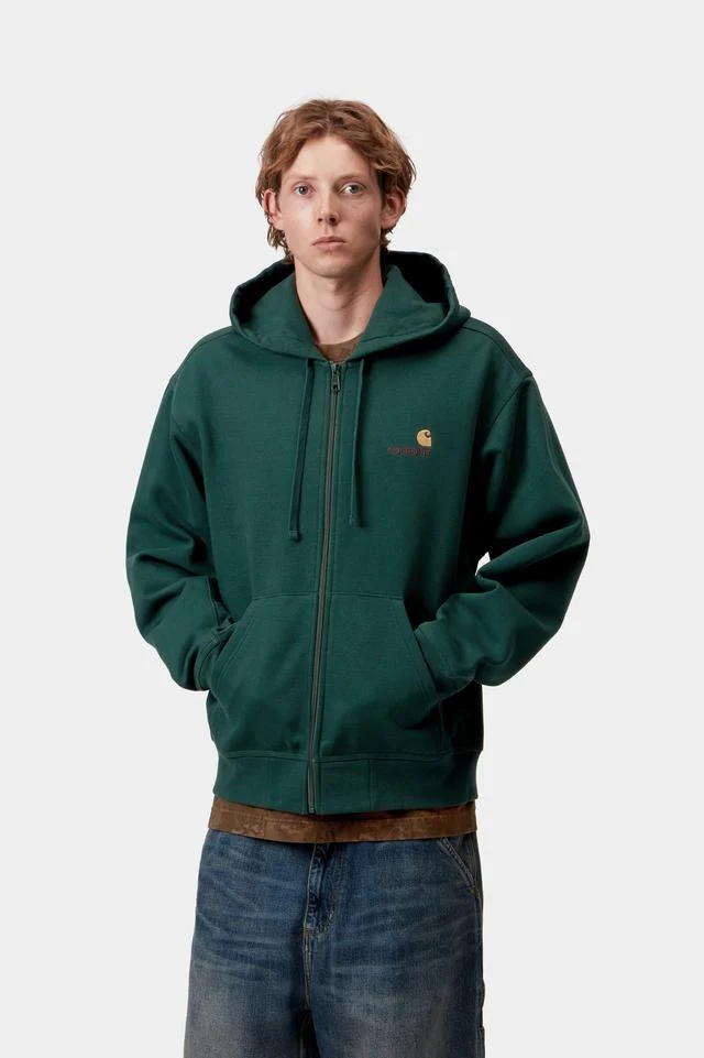 Carhartt WIP Hooded American Script Jacket Cotton/Polyester Sweat, 420 g/m² (Dark Fir) - Image 5