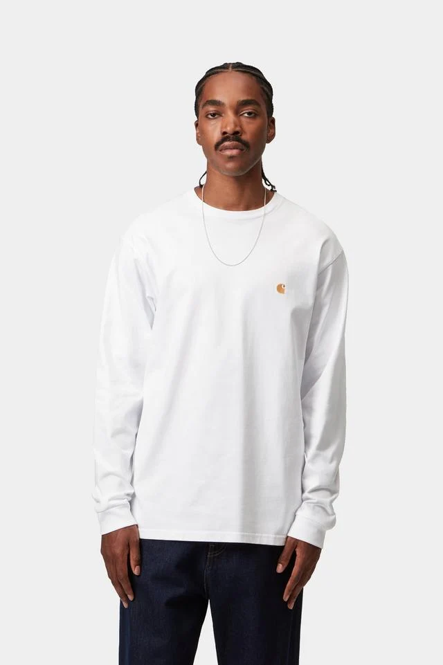 Carhartt WIP L/S Chase T-Shirt 100% Cotton Combed Single Jersey, 235 g/m² (White / Gold) - Image 3