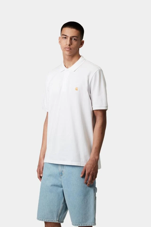 Carhartt WIP S/S Chase Pique Polo Cotton Garment Washed Piqué, 240 g/m² (White / Gold) - Image 3