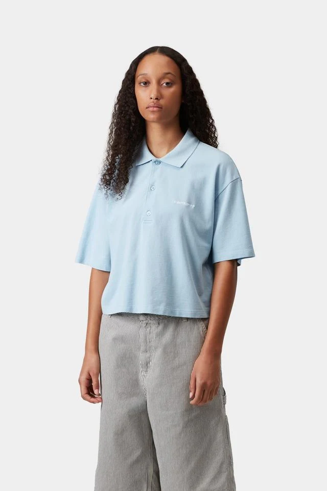 Carhartt WIP W' S/S Carhartt Script Polo TS Cotton Garment Washed Piqué, 240 g/m² (Icaria / White) - Image 3