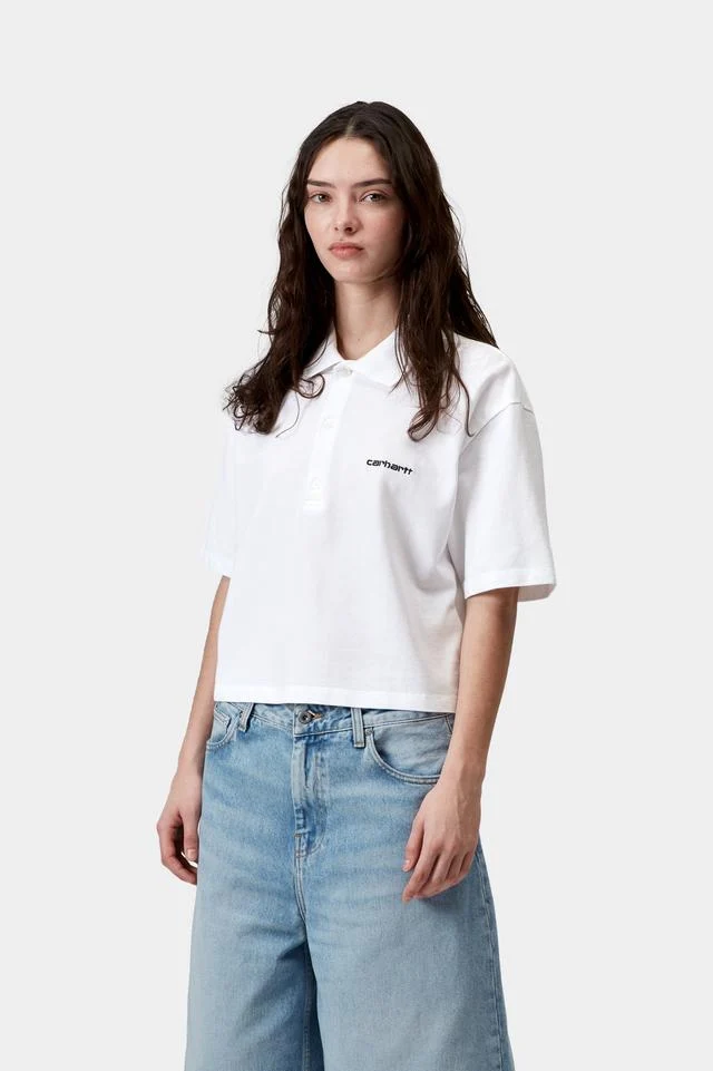 Carhartt WIP W' S/S Carhartt Script Polo TS Cotton Garment Washed Piqué, 240 g/m² (White / Black) - Image 3