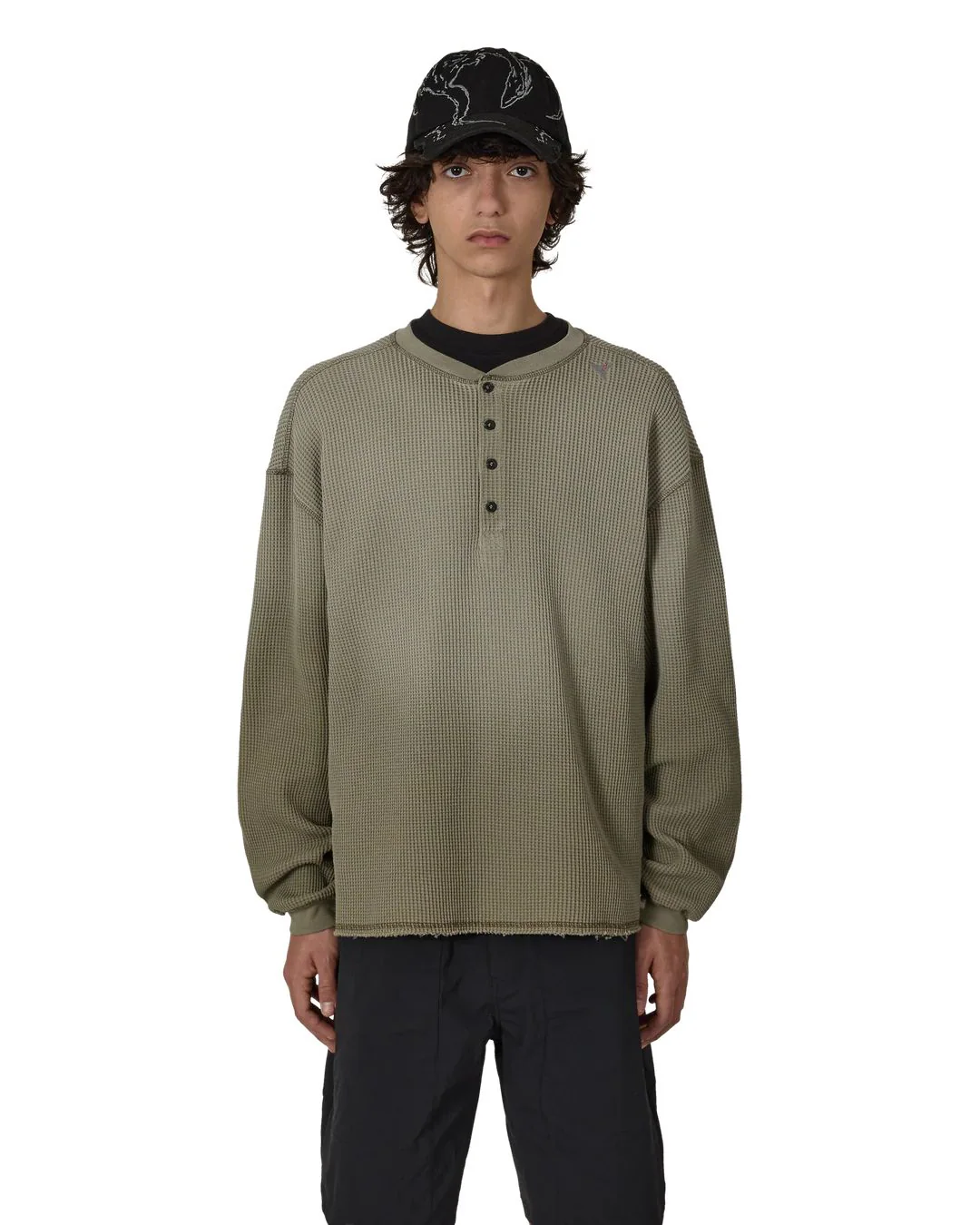 ROA Bee Sun Faded Organic Waffle Serafino Long Sleeve (Grey Green) - Image 3