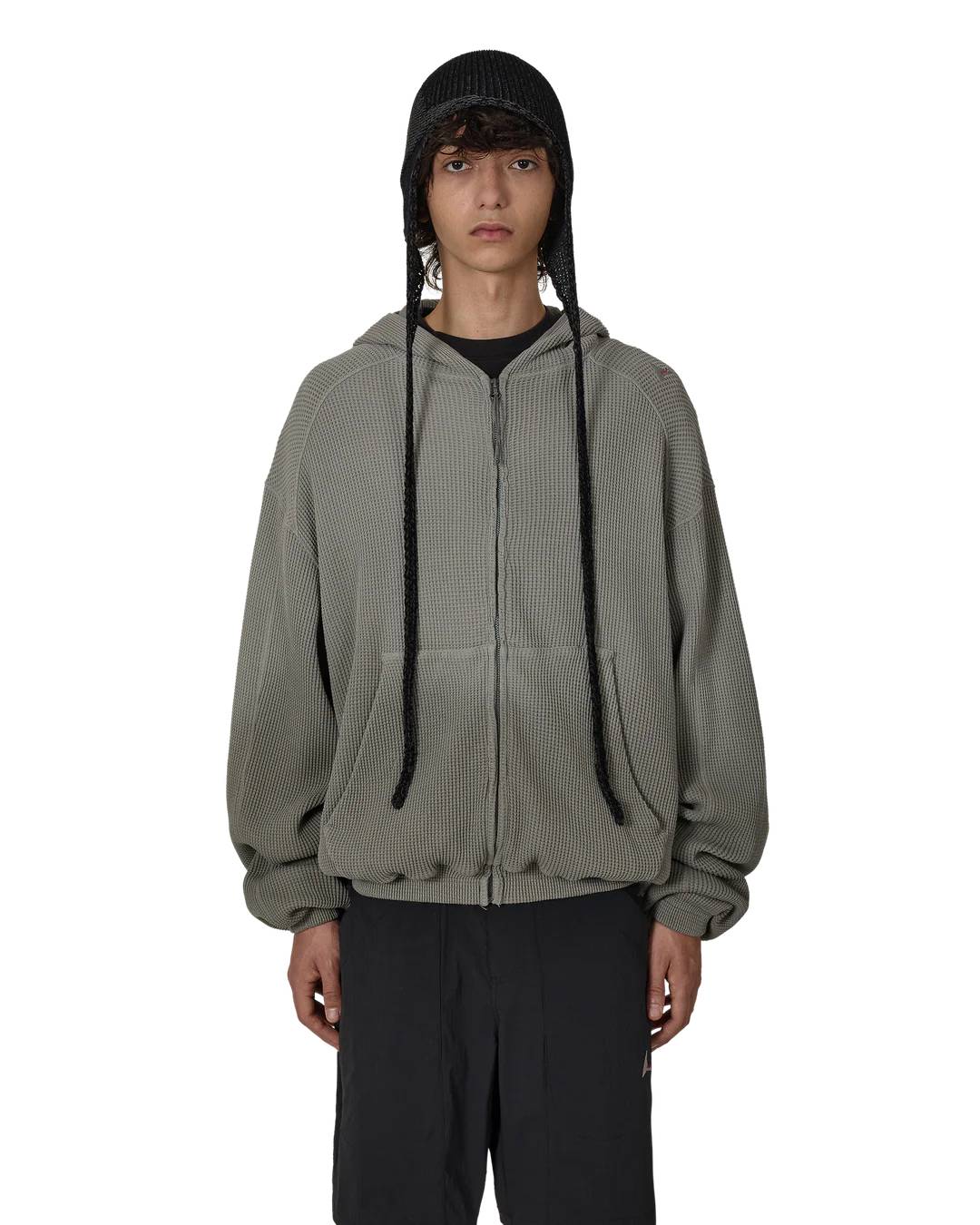 ROA Bee Sun Faded Organic Waffle Zip Up Hoodie (Grey) - Image 3